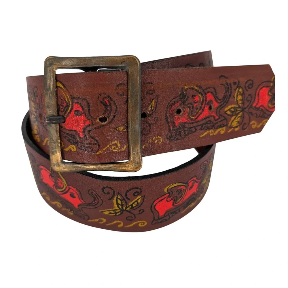 VTG Elephant Hand Painted Leather Wide Belt Unisex OS Brown Boho Western Artisan